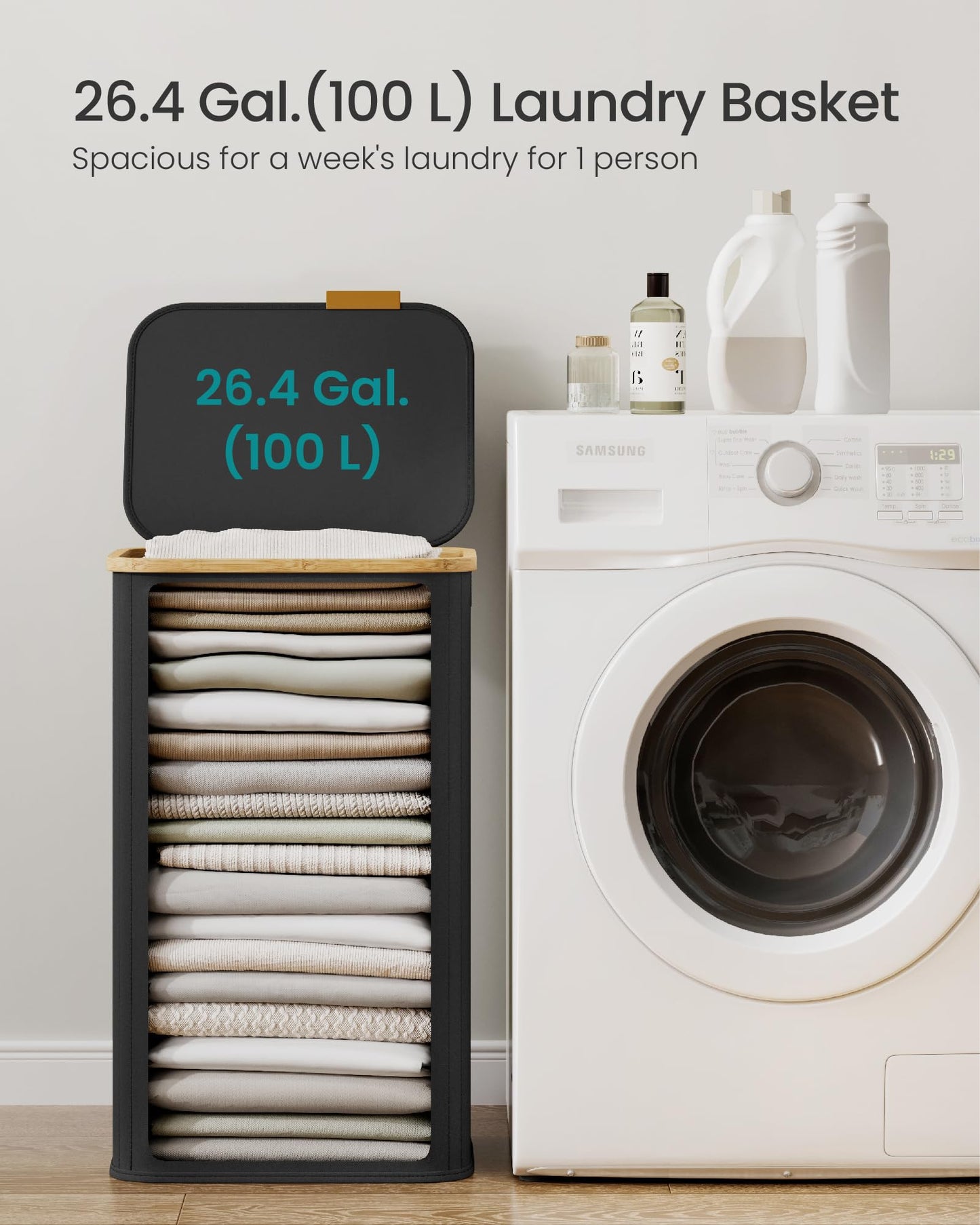 SONGMICS Laundry Hamper, Laundry Basket with Lid, Foldable Storage Basket, Bamboo Frame, for
