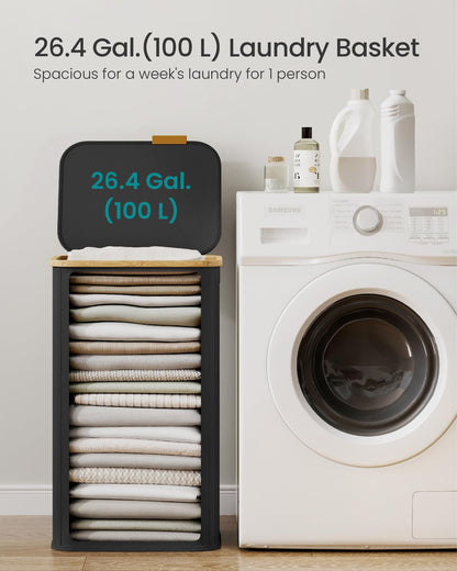 SONGMICS Laundry Hamper, Laundry Basket with Lid, Foldable Storage Basket, Bamboo Frame, for