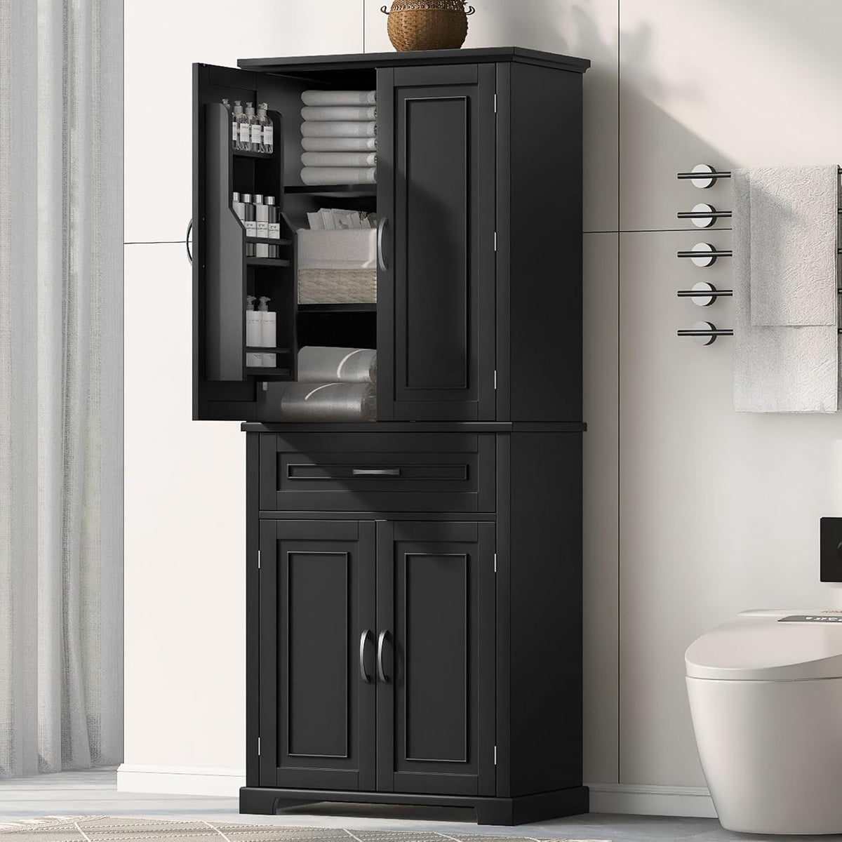 72.2" Tall Storage Cabinet with 4 Doors and Drawer, Freestanding Linen Cabinet, Wooden Pantry with