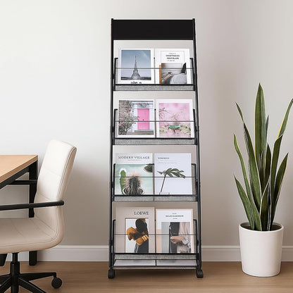 Floor-Standing Magazine Rack 4-Layer with Wheels, Brochure Display Stand for Exhibitions, Office