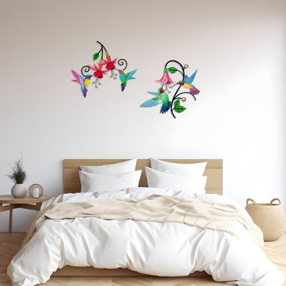 2 Pack Metal Hummingbird & Flower Outdoor Wall Art Decor, Creative Wall Decor for Patio, Fence