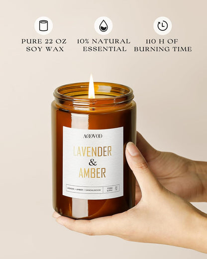 AOOVOO Lavender Amber Candles - 22 oz Scented Candles, Aromatherapy Candle, Soy Candle for Home