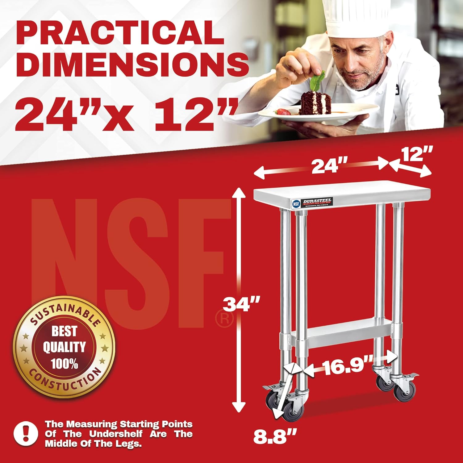 DuraSteel 24x12 NSF Stainless Steel Cart - Heavy Duty Rolling Food Prep Table with Undershelf