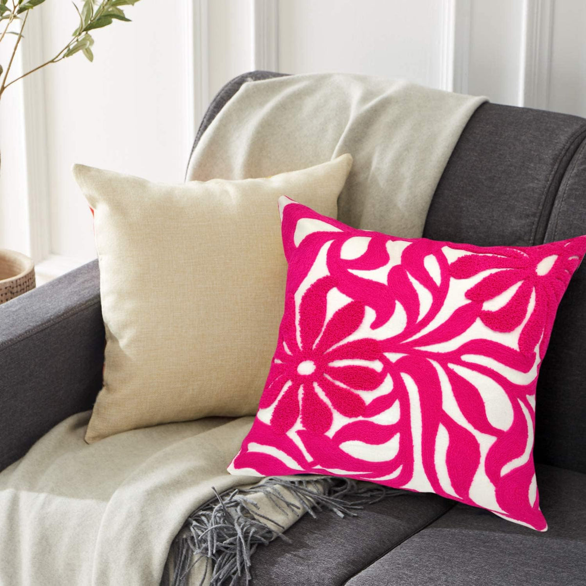 Alysheer Farmhouse Floral Leaves Embroidered Decorative Throw Pillow Cover 18x18 inches, Boho