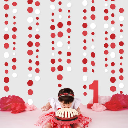 46 Ft Red Party Decorations Polka Dots Garlands Red and White Hanging Paper Circle Dots Streamer