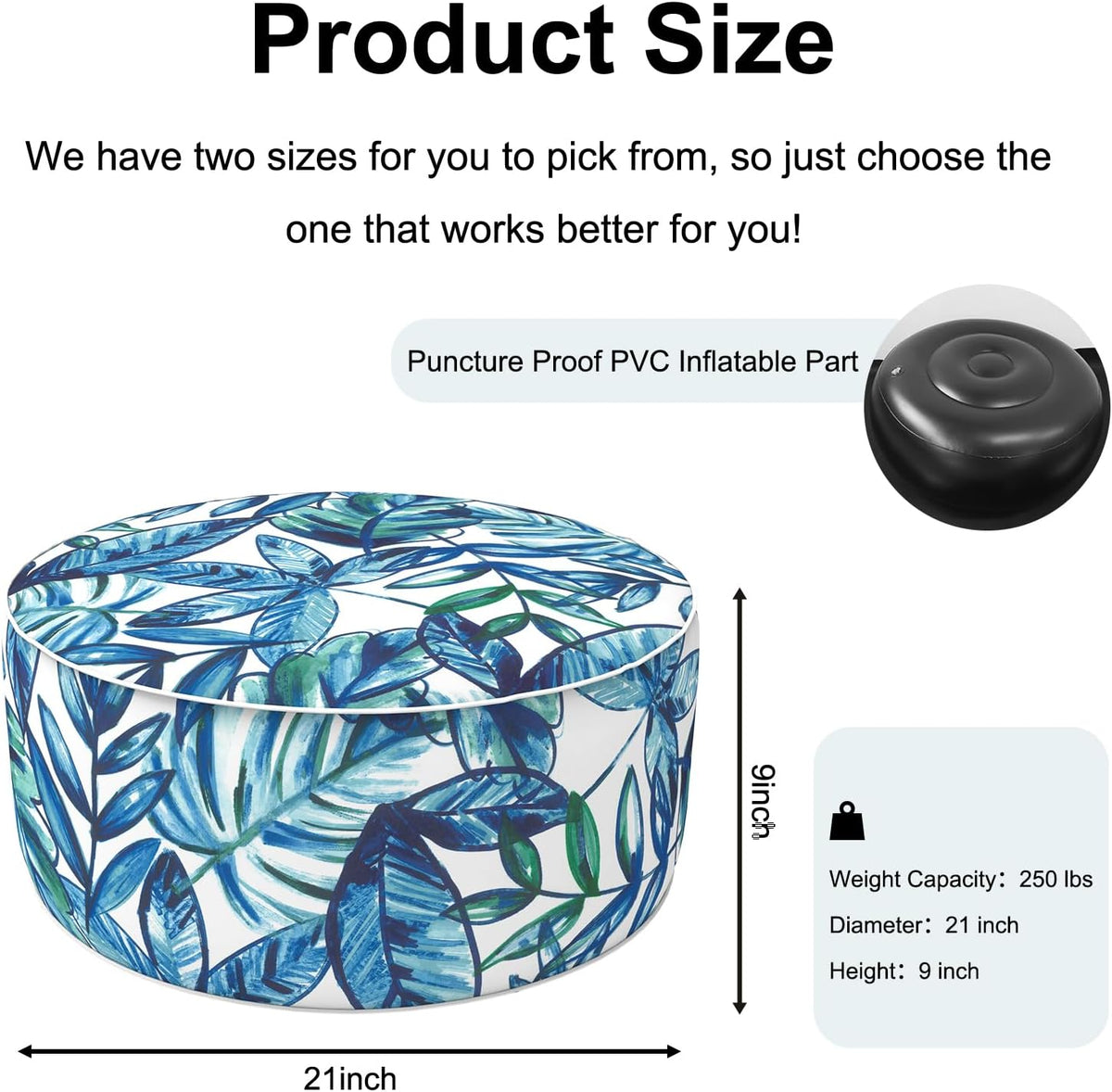 Inflatable Ottoman Stool D21 xH9 for Outdoor/Indoor Use, Water Repellent Patio Foot Rest Stool with