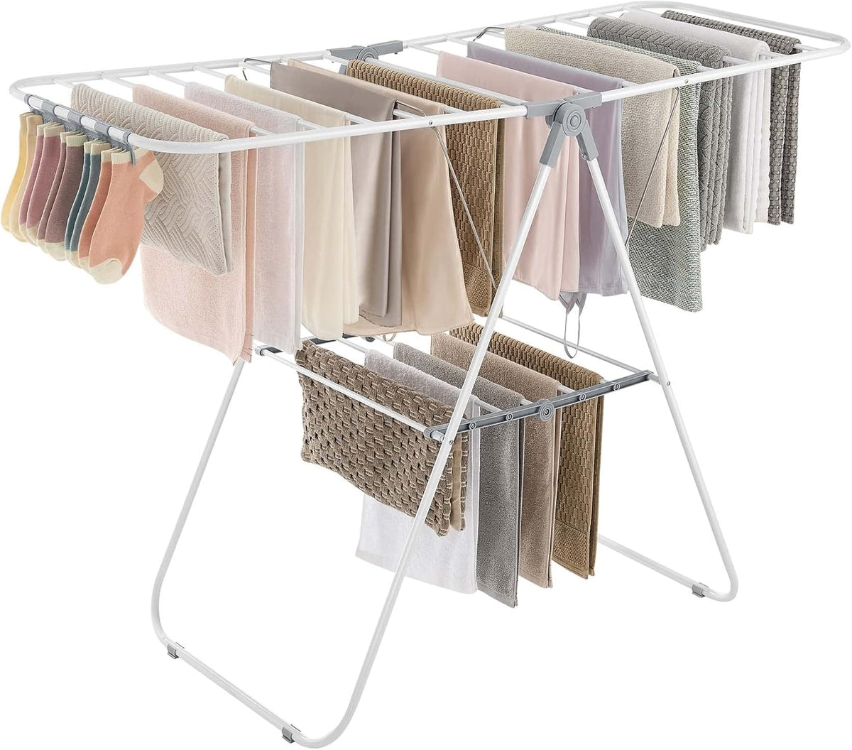 SONGMICS Clothes Drying Rack, with Sock Clips, Metal Laundry Rack, Foldable, Space-Saving