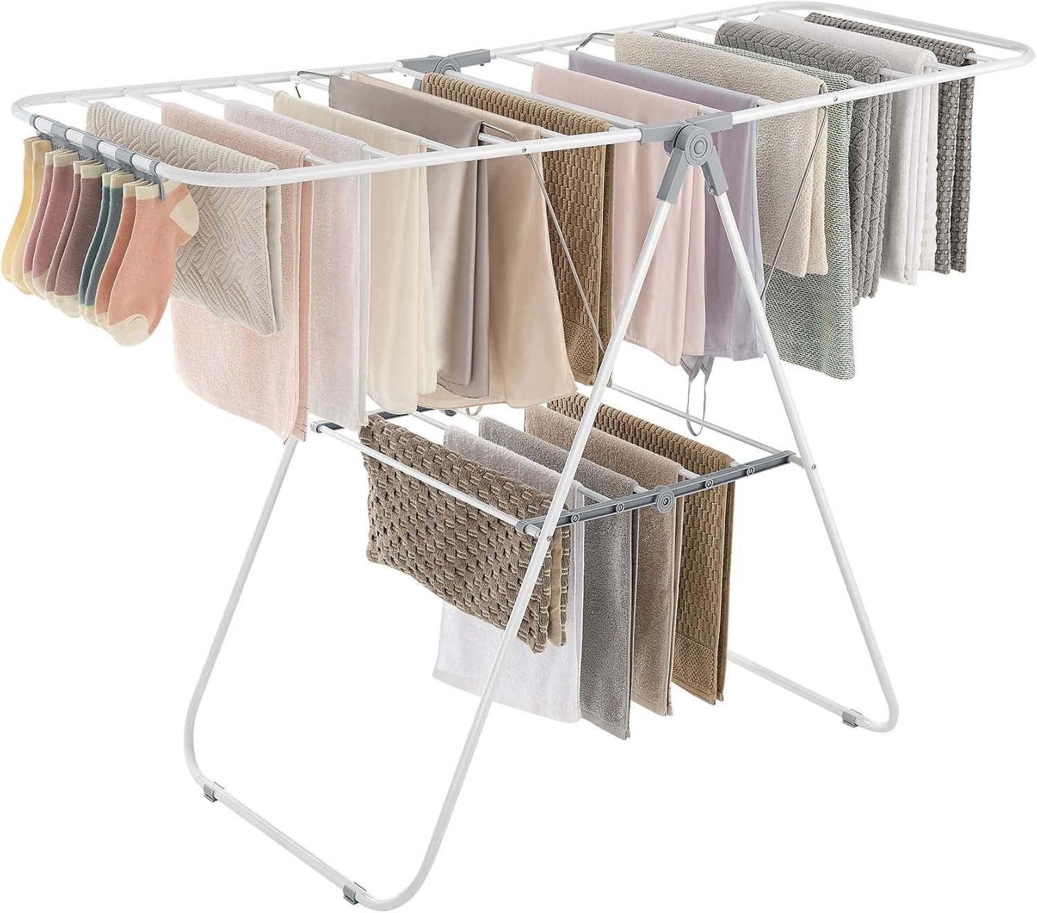 SONGMICS Clothes Drying Rack, with Sock Clips, Metal Laundry Rack, Foldable, Space-Saving