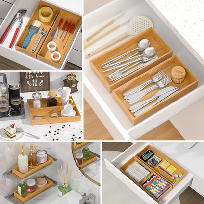Bamboo Drawer Organizer, Stackable Utensil Organizer for Kitchen, Bamboo Storage Box Wood