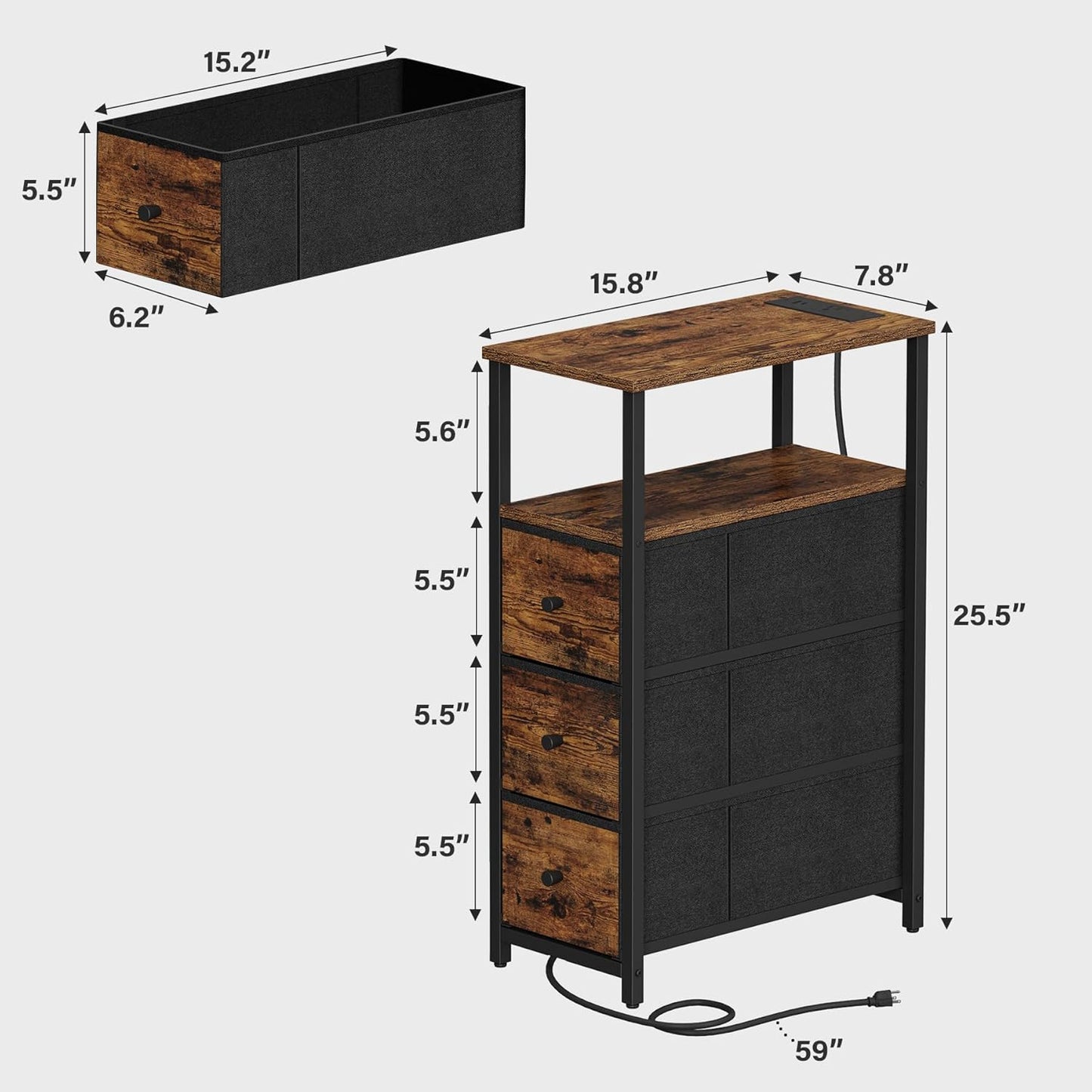 TUTOTAK Narrow Night Stand with Charging Station, Slim End Table with Plugins, Tall Side Table with