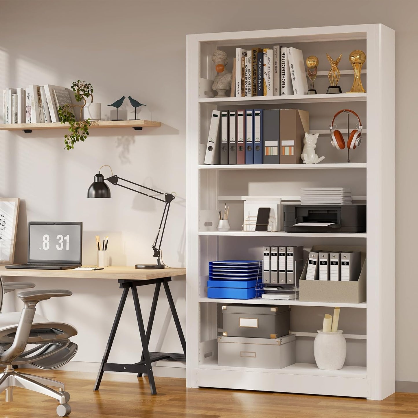 Heavy Duty Metal Bookshelf, 5 Shelf Adjustable Bookcase, 69’’ Tall Modern Bookshelves, Open Book