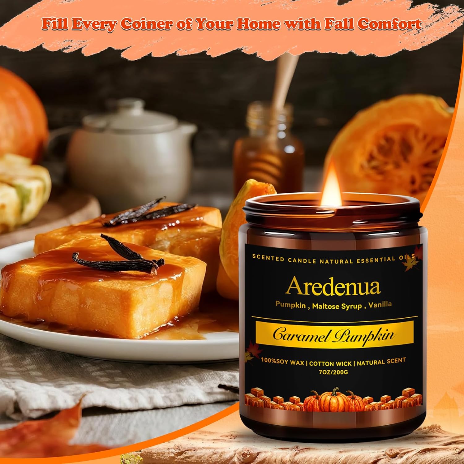 Fall Candles - Caramel Pumpkin Candle | Halloween Pumpkin Candles - Autumn7 OZ Autumn Soy Candle