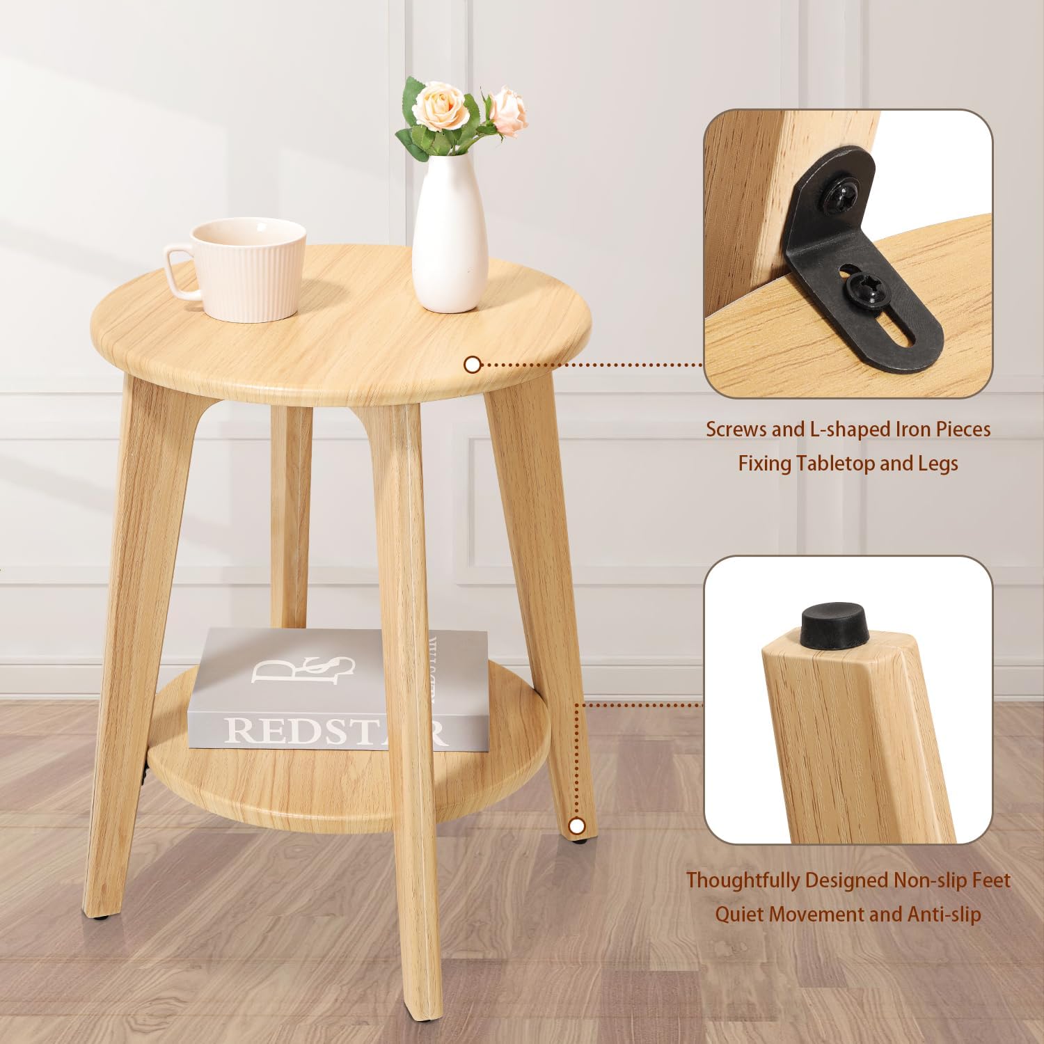 End Table Small Round Side Table with 2 Storage Shelves Walnut End Tables Accent Sofa Bedside Table