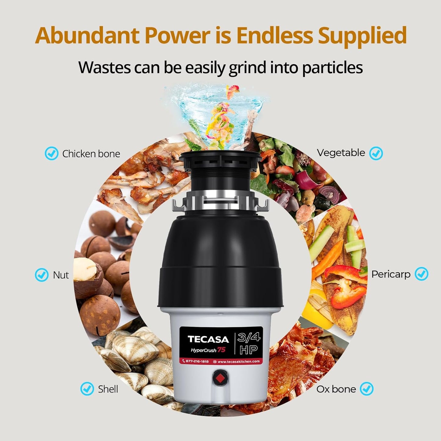 3/4 HP Corded Garbage Disposal for Kitchen Sinks, TECASA Continuous Feed Food Waste Disposer, Sound