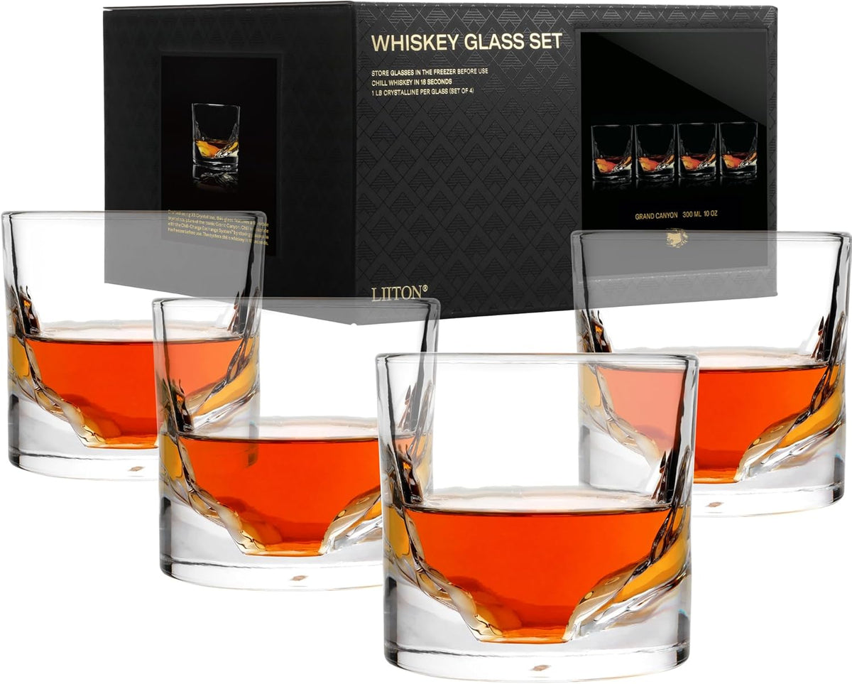 Grand Canyon Heavy Crystal Whiskey Glasses Gift Set of 4, Thick Freezable Bourbon Glass 1lb Each