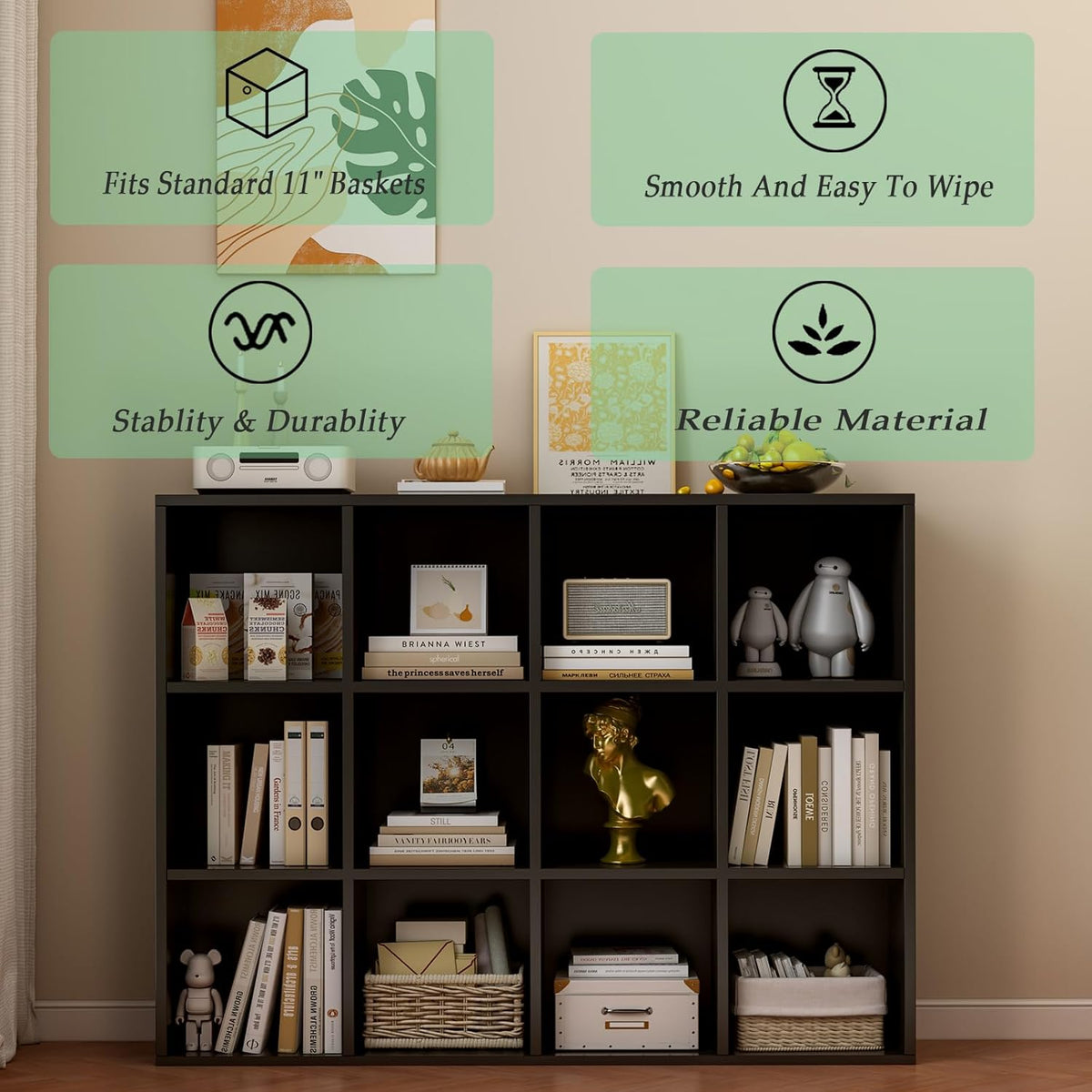 12-Cube Storage Shelf Bookcase - Wooden 3-Tier Floor Standing Open Bookshelf for Home and Office