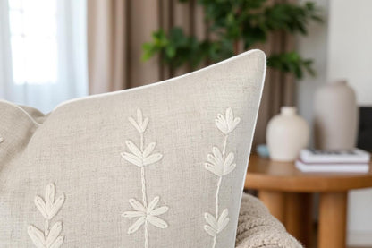 VAGMINE Hand Embroidered Daisy Accent Throw Pillow Cover - 20x20 Inches Square - 100% Linen Natural