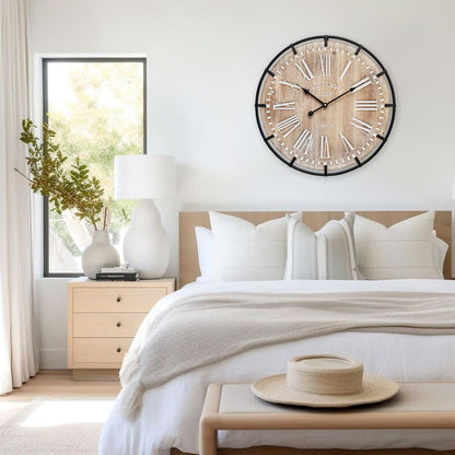 20 Inch Large Farmhouse Wall Clock, Rustic Antique Wood with Metal Circle and Large Engraved