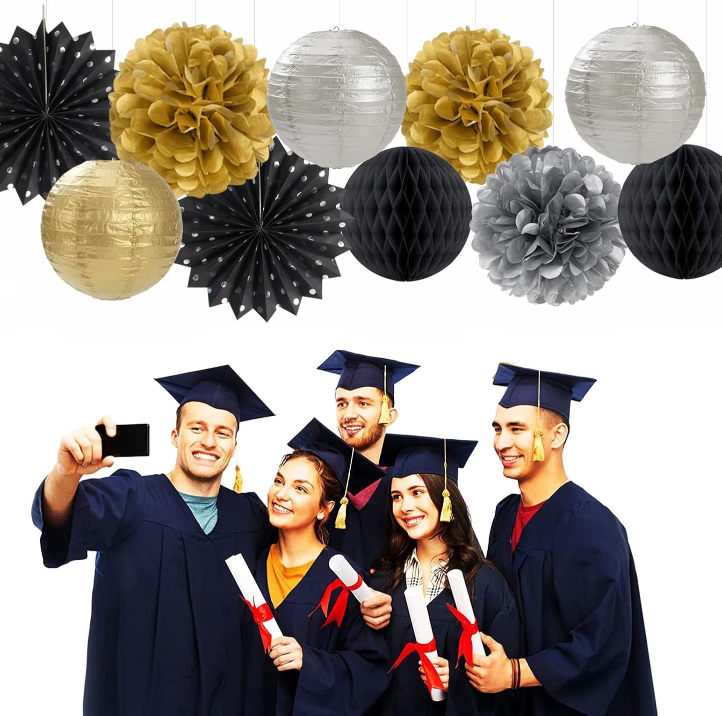 Black Gold Silver Party-Decorations Streamers-Lanterns - 14pcs Graduation 2025 Paper Fan,Tissue
