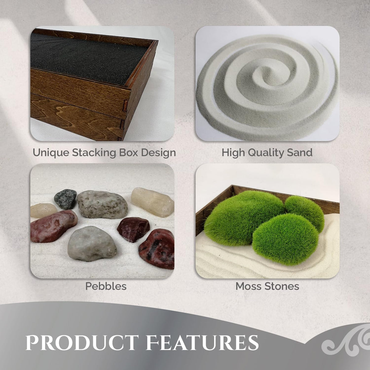 Wooden Stackable Zen Garden | White Sand with Rake & Accessories | Minimalist Decor Gift for