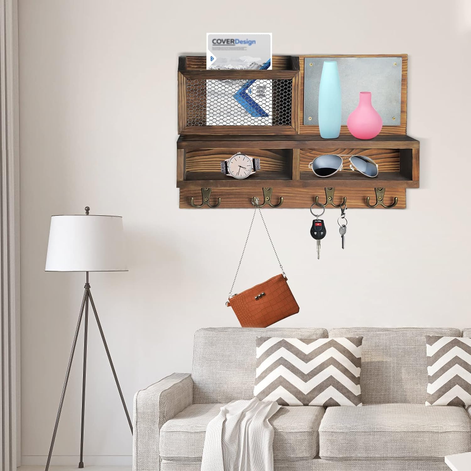 Key Holder for Wall, Mail Organizer Wall Mount with Key Hooks and Wallet Holder, Sunglasses Storage
