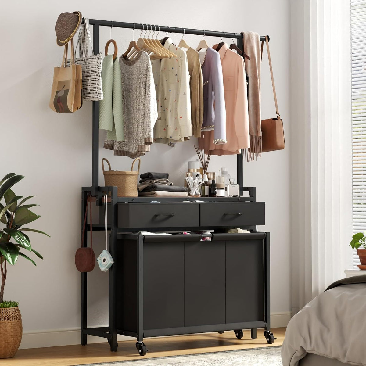 Laundry Sorter Hamper with Hanging Cloth Rack, Laundry Basket with 3 Section Pull-Out Rolling Bags