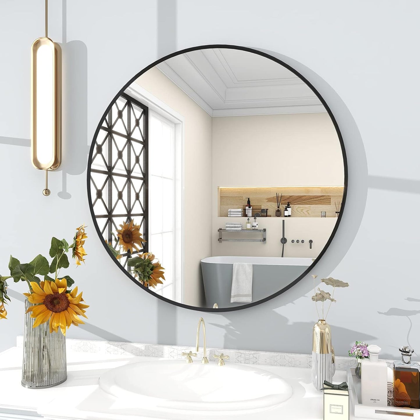 BEAUTYPEAK 30 Inch Round Mirror, Metal Frame Circle Mirror, Wall Mounted for Entryway, Bathroom
