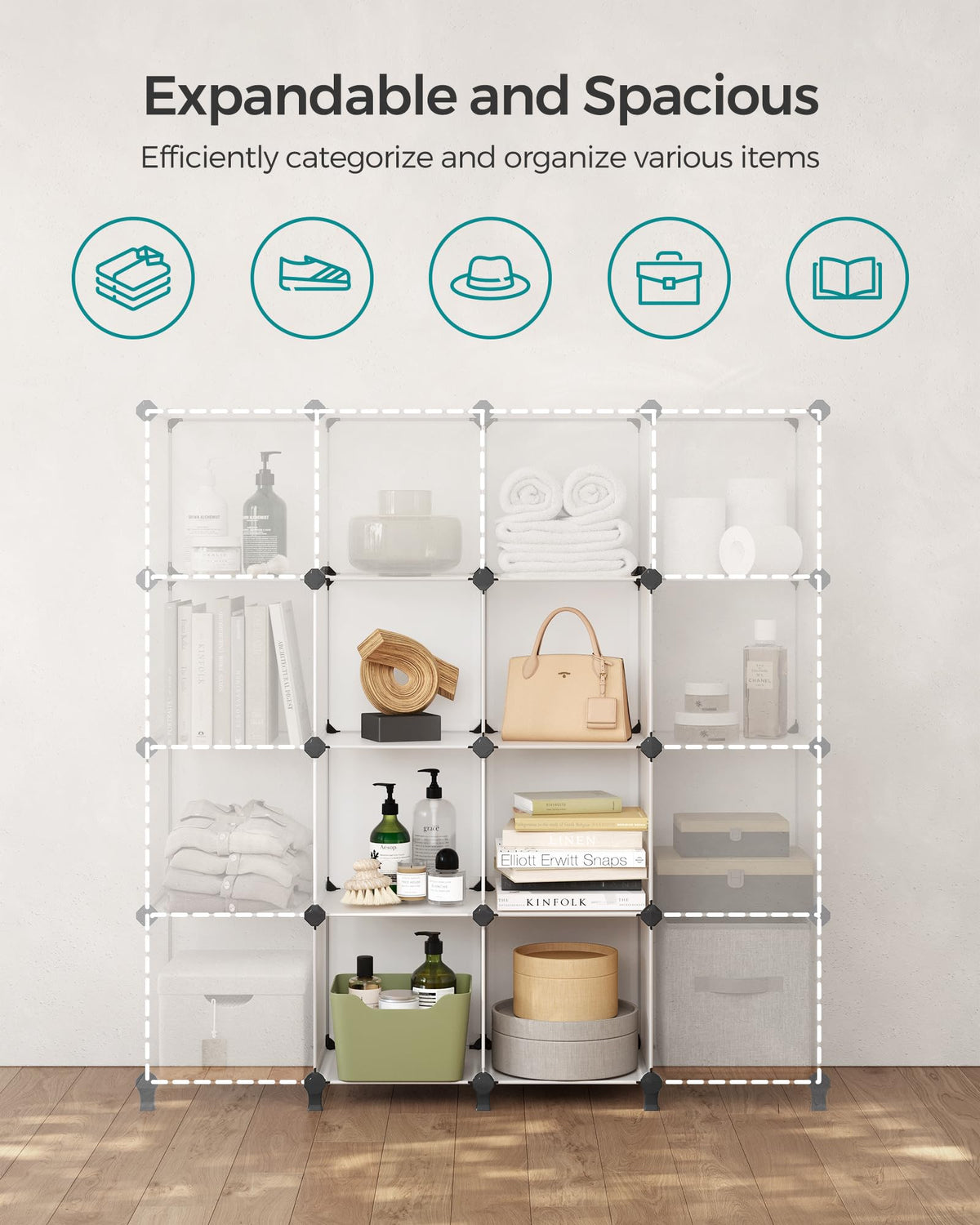 SONGMICS 6 Cube Storage Organizer, DIY Closet Shelf, Plastic Clothes Organizer, Modular Bookcase