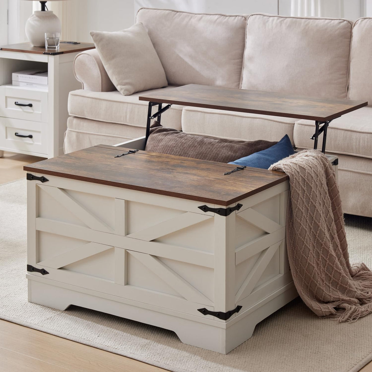 Coffee Table with Storage, Rustic White Square Coffee Tables for Living Room, Lift top Coffee Table