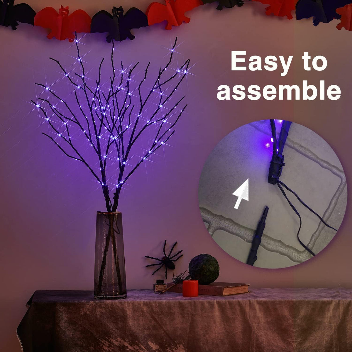 Fudios Halloween Lighted Branches with Timer 100 LED Purple Fairy Lights 32IN, Artificial Black
