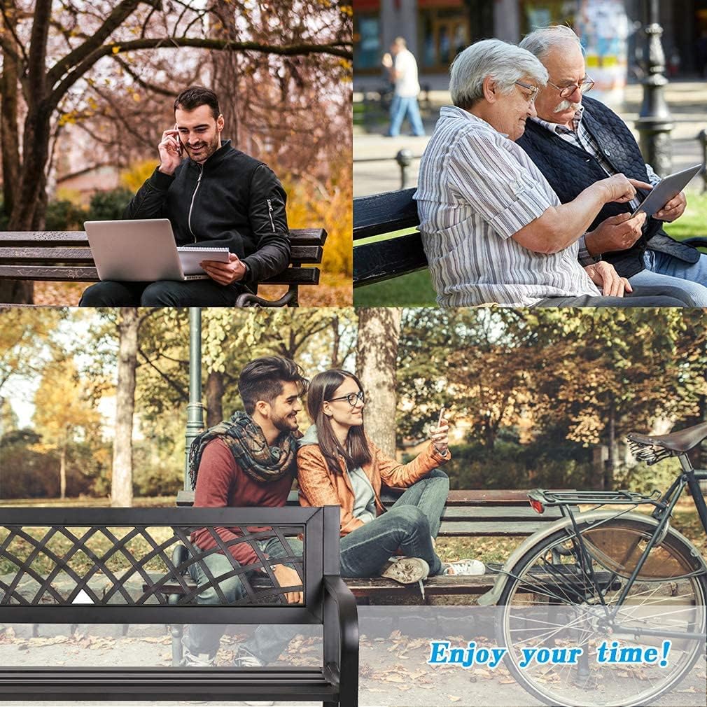Garden Bench,Outdoor Benches,Iron Steel Frame Patio Bench with Mesh Pattern and Plastic Backrest