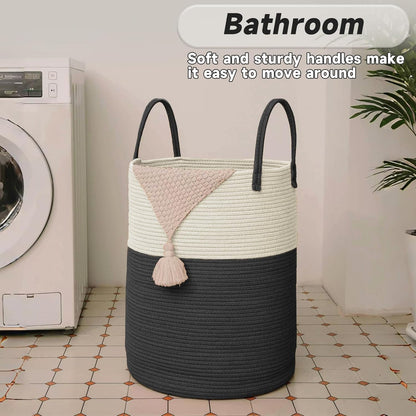 Large Woven Laundry Basket Hamper,60L Cotton Rope Storage Bin for Blankets,Toys and