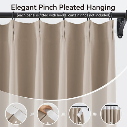 KangBang Taupe Blackout Curtains 105 Inches Long, Extra Wide Pinch Pleated Room Darkening Privacy