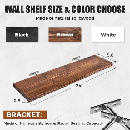 Floating Wall Shelves 2-Pack - 24-Inch Rustic Brown Wooden Shelves for Storage and Décor, Easy