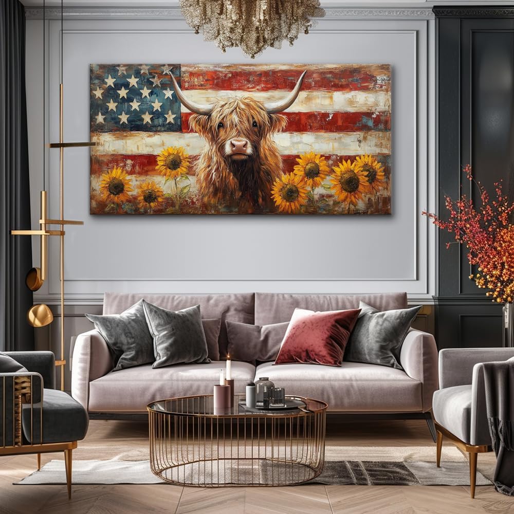 LASMOND Country Highland Cow Wall Art for Living Room Rustic Retro Vintage American Flag Sunflower