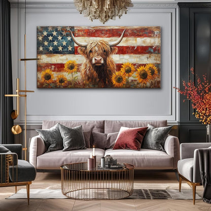 LASMOND Country Highland Cow Wall Art for Living Room Rustic Retro Vintage American Flag Sunflower