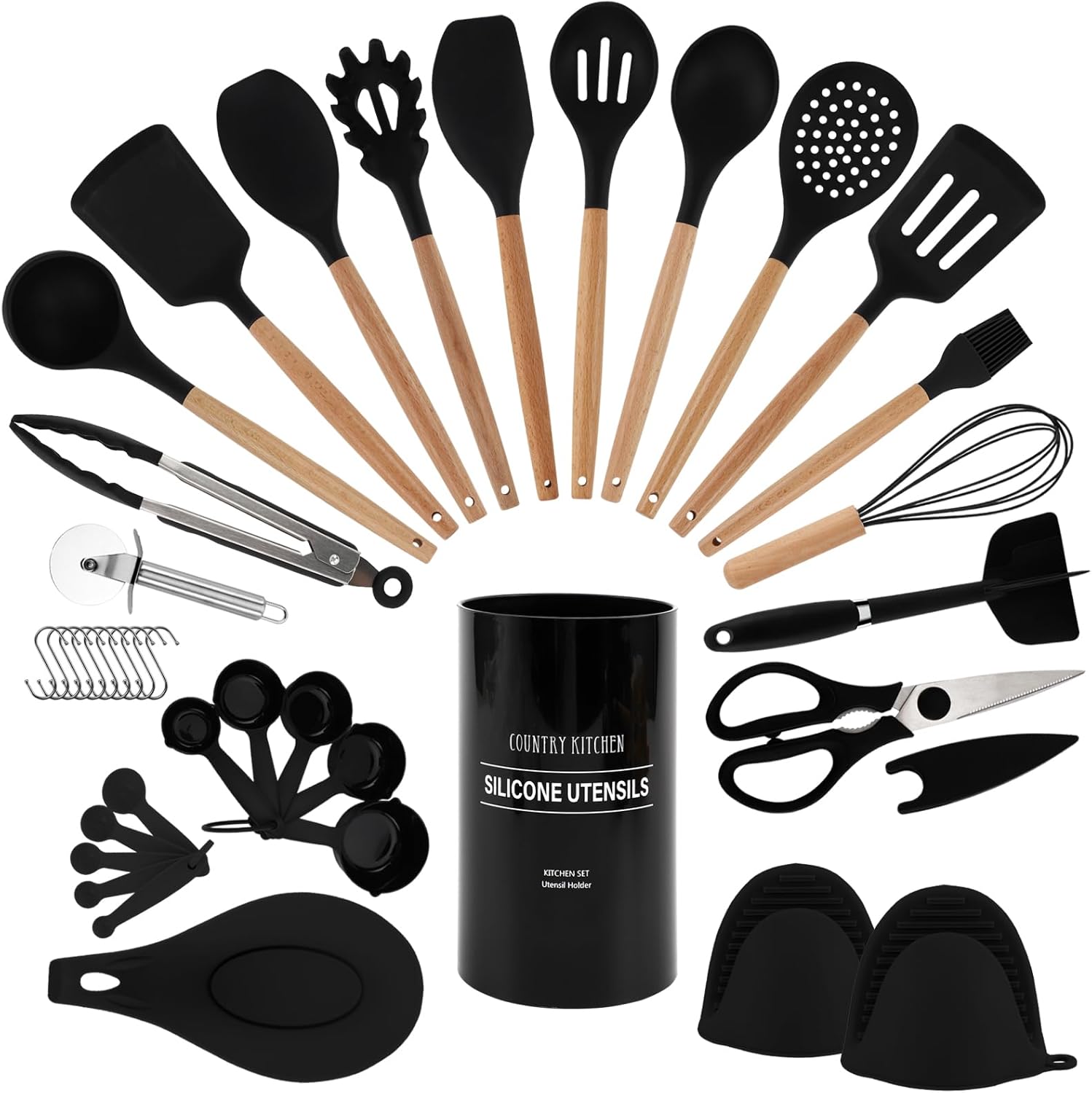 Country Kitchen Non Stick Silicone Utensil Set with Rounded Wood Handles for Cooking and Baking, 38