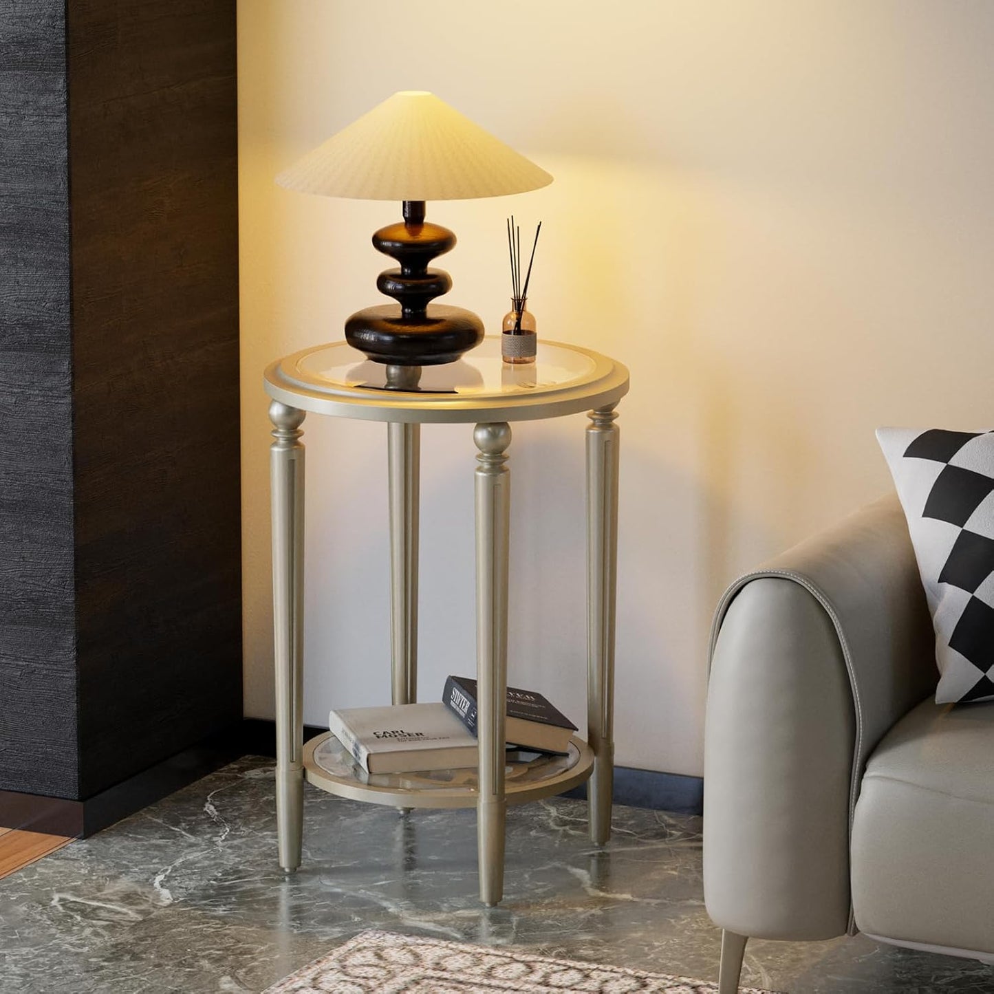 COSIEST Round Side Table, End Table Glass with Wood Frame, Champagne Gold Bedside Table with Modern