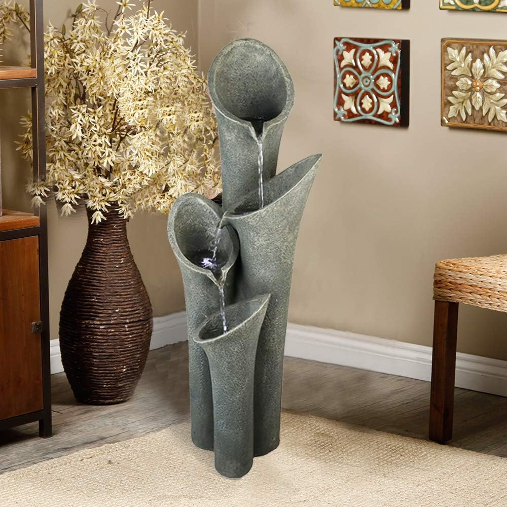 Faux Stone Patio Water Fountain 33 1/2", Bell 4-Tier Cascading Floor Fountain Indoor Outdoor