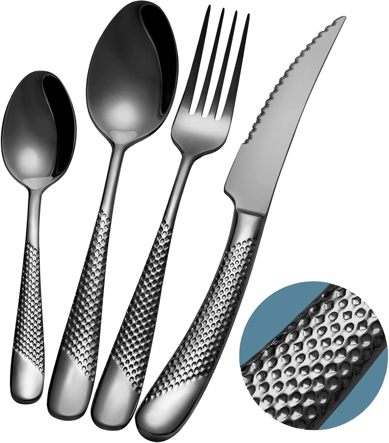16-Piece Modern Black Hammered Silverware Set with Ultra Sharp 2-IN-1 Serrated Knives, 18/10