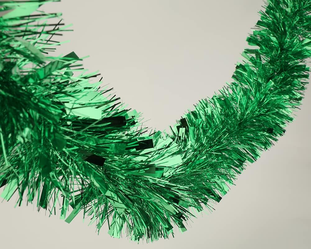 25 ft Long Roll Green Tinsel Twist Garland, Shiny Metallic Foil Decorations for Parade Floats