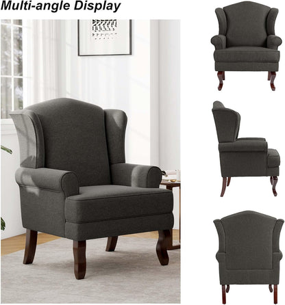 Accent Chair, High Back Upholstered Armchair with High Resilience Sponge & Wood Legs, Mid-Century