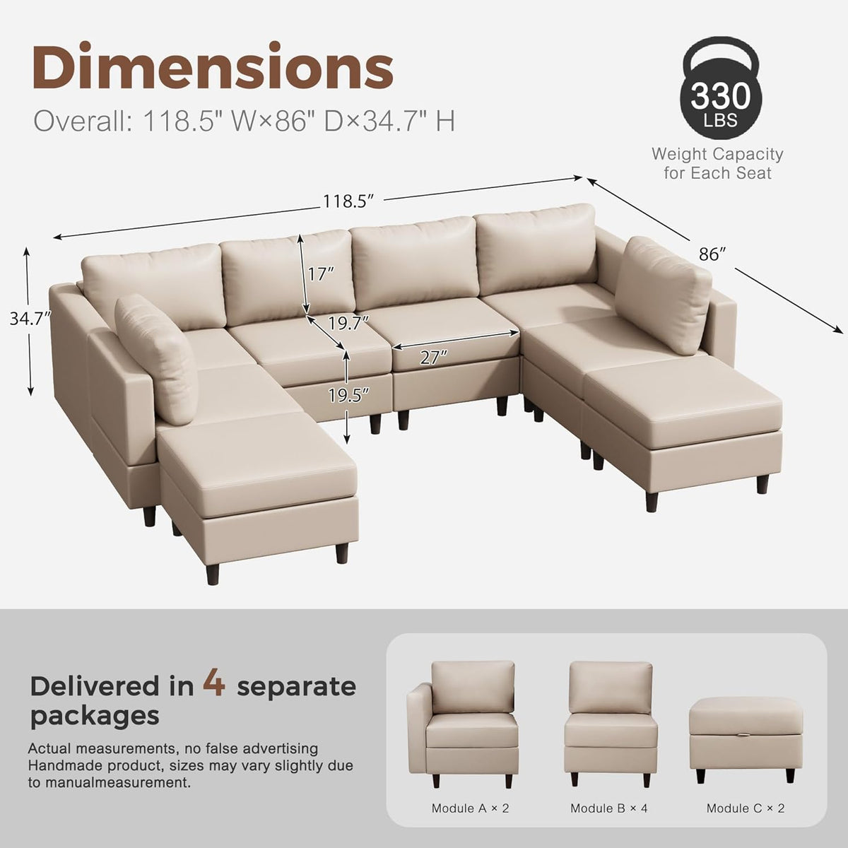 118.5" Faux Leather Modular Sectional Sofa, Modern Large 8 Seater U Shaped Couch with Storage Seat