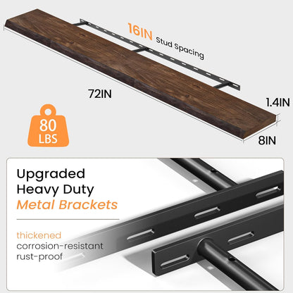 72 Inch Floating Shelves for Wall, Rustic Elm Wood Floating Shelves for Home Décor, Wall-Mounted