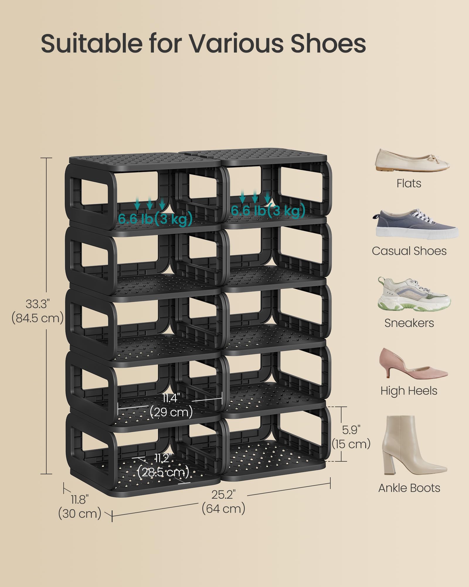 SONGMICS Shoe Rack, Shoe Organizer, 12 Shelves, Shoe Storage, Narrow Shoe Shelf, Open Shelf for