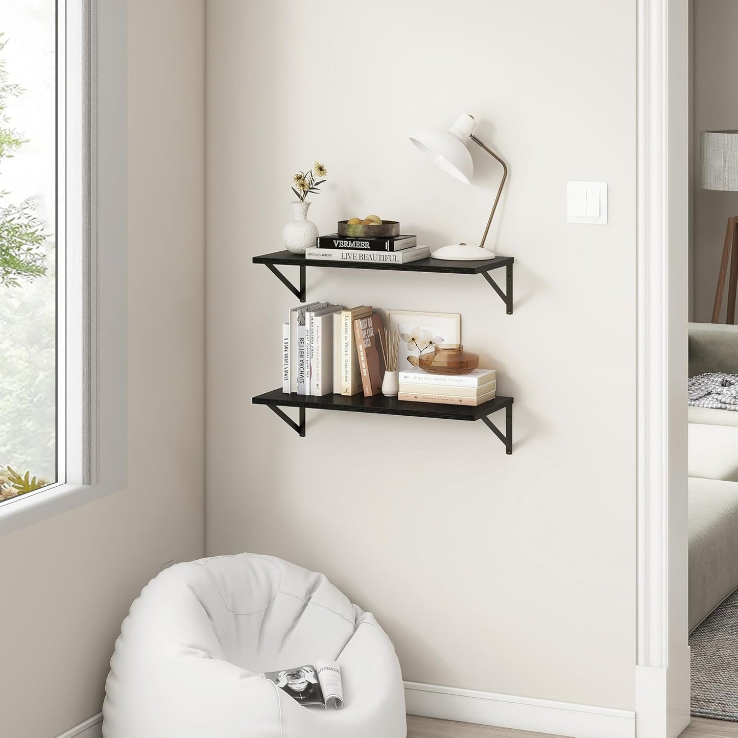 Fun Memories 27.5" W x12 D Floating Shelves, Black Wall Shelf with Brackets, 12 Inch Deep Floating