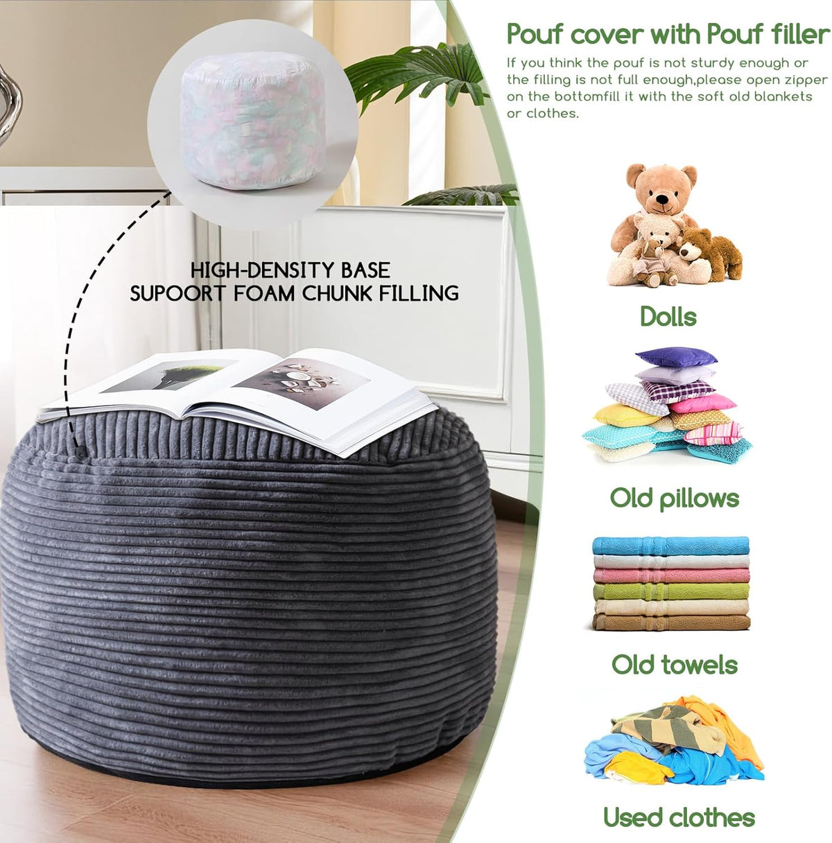 HIGOGOGO Round Stuffed Pouf Ottoman, Corduroy Poufs with Foam Chunk Filling, Furry and Fluffy Pouf