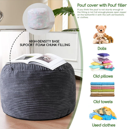 HIGOGOGO Round Stuffed Pouf Ottoman, Corduroy Poufs with Foam Chunk Filling, Furry and Fluffy Pouf