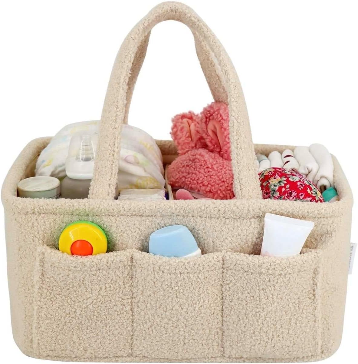 Baby Diaper Caddy Organizer – Soft Beige Sherpa with 3 Removable Compartments & 6 Side Pockets