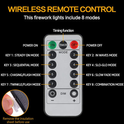 8 Pack Firework Lights 180 Led Copper Wire with 8 Models Power Supply Remote Control Waterproof